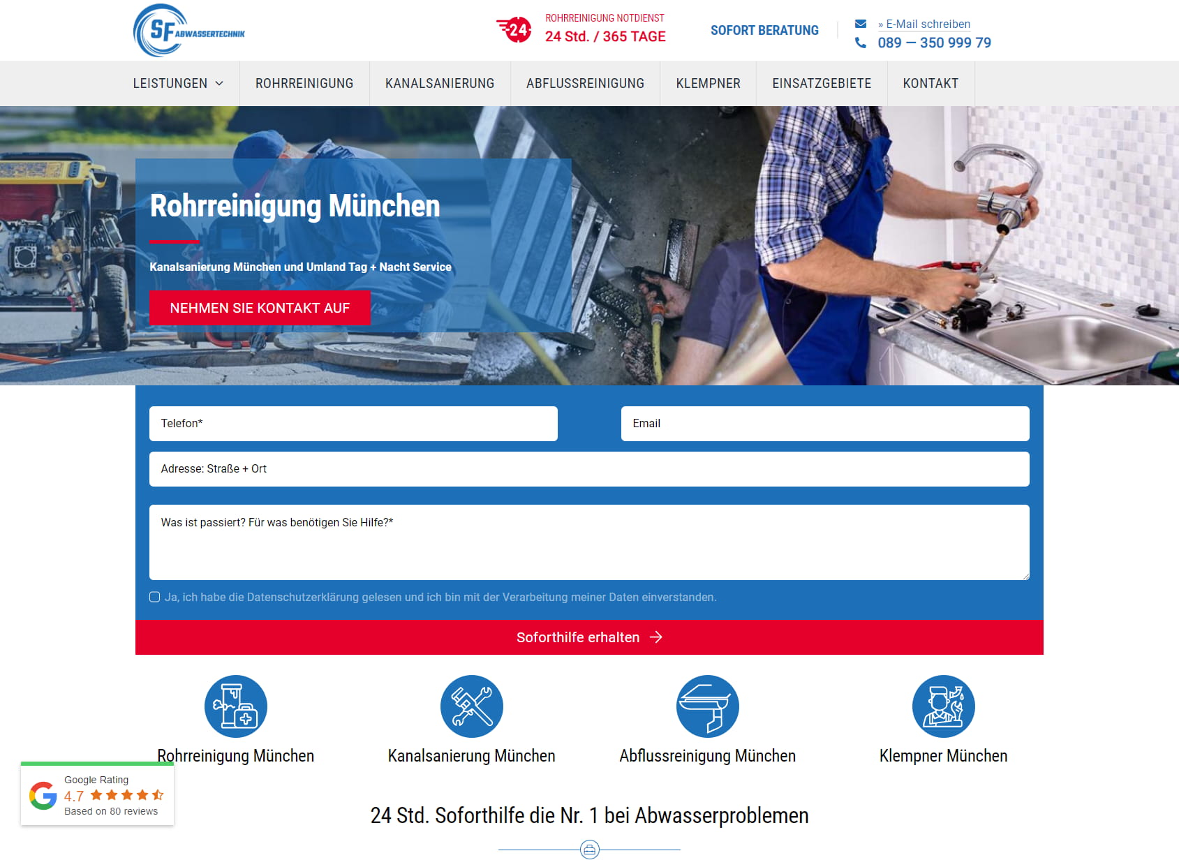 SF Abwassertechnik - Rohrreinigung Kanalsanierung Klempner Sanitär München 24/7 Notdienst Service